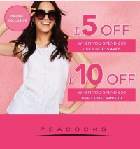 Spend &amp; Save £5 off £30 &amp; £10 off £50 @ Peacocks